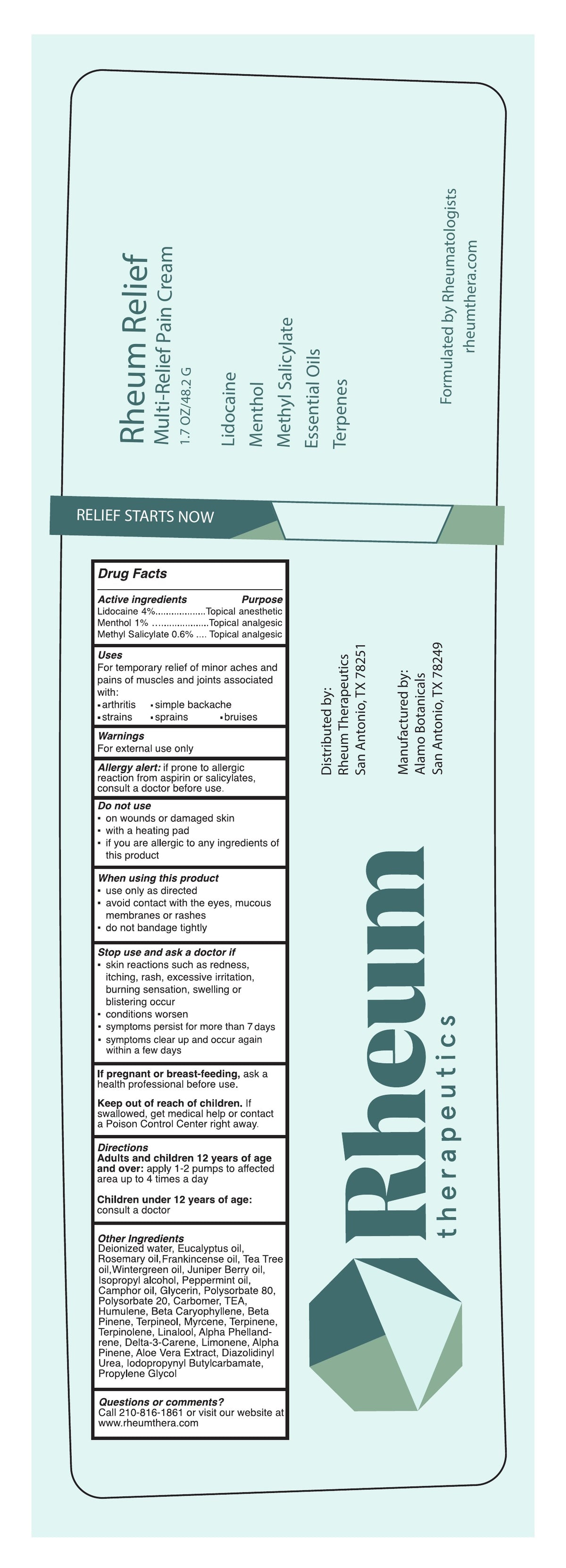 Rheum Relief OTC Topical Pain Relief Cream - Lidocaine 4%, Menthol & Methyl Salicylate, Cooling Formula, 1.7 oz